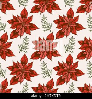 Motif de Noël vintage sans coutures avec fleurs de poinsettia rouges.Fond décoratif pour Noël et le nouvel an.Illustration dessinée à la main. Banque D'Images