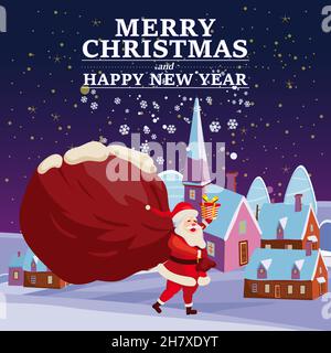 Père Noël avec grand sac de cadeaux livraison cadeaux .Nuit hiver landscap ville, noel.Affiche d'illustration vectorielle, style de dessin animé de carte de vœux Illustration de Vecteur