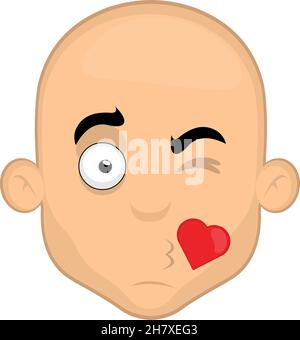 Illustration vectorielle du visage d'un homme de dessin animé chauve donnant un baiser en forme de cœur Illustration de Vecteur