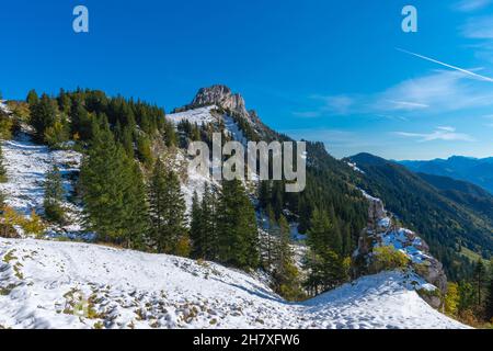 Vues fantastiques depuis le sentier de randonnée panoramique sur le plateau de Kampenwand à environ 1500m asl, Aschau, Chiemgau, Alpes bavaroises, Bavière,Sud de l'Allemagne Banque D'Images