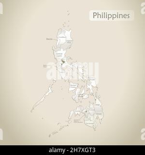 Carte des Philippines, division administrative avec noms, vieux papier vecteur de fond Illustration de Vecteur