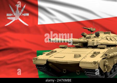 Réservoir lourd avec conception fictive sur fond de drapeau d'Oman - concept de forces armées de chars modernes, militaire 3D Illustration Banque D'Images