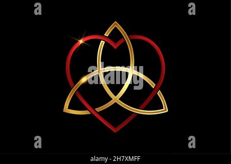 Nœud d'amour celtique, forme de coeur rouge entrelacée et Triquetra doré, nœud symbole d'amour éternel.Logo Icon concept de jour de Valentines, tatouage vectoriel d'or Illustration de Vecteur