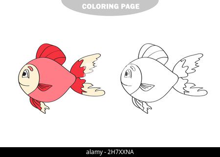 Page de coloriage simple.Feuille de travail de dessin pour les enfants d'âge préscolaire avec niveau de jeu facile - poisson.Version couleur et noir et blanc Illustration de Vecteur