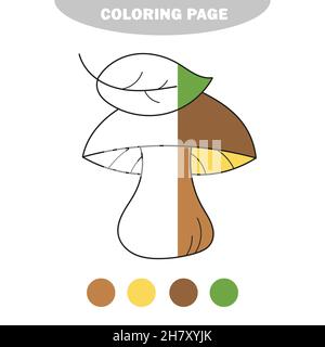 Page de coloriage simple.Joli champignon comestible de style dessin animé.Illustration vectorielle dessinée à la main.Image semi-peinte avec échantillons de couleur Illustration de Vecteur