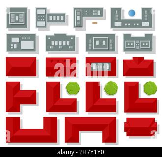 Ensemble de toits rouges et gris variés de maisons vue de dessus isolée sur fond blanc Illustration de Vecteur