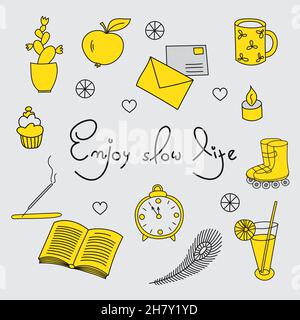 Carte d'inspiration avec texte manuscrit Profitez d'une vie lente.Illustration motivationnelle relaxante de la santé mentale. Illustration de Vecteur