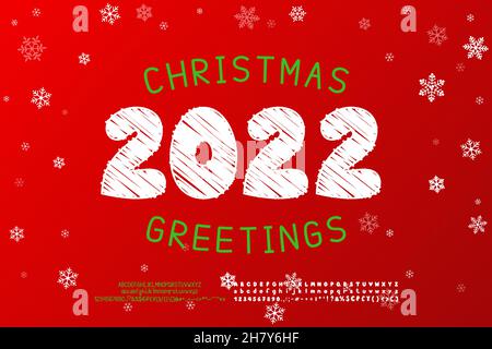 Carte de voeux créative Noël voeux.Numéros d'esquisse blancs et police verte sur fond rouge avec flocons de neige blancs.Deux jeux de polices décoratives Illustration de Vecteur