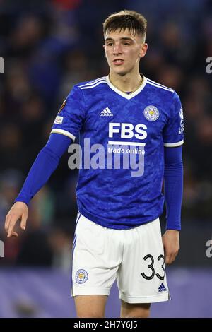 Leicester, Angleterre, le 25 novembre 2021.Luke Thomas de Leicester City pendant le match de l'UEFA Europa League au King Power Stadium de Leicester.Le crédit photo doit être lu : Darren Staples / Sportimage Banque D'Images