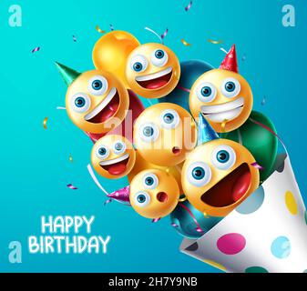 Anniversaire motif vectoriel emojis.Émotiji smiley dans un chapeau avec ballons et confetti éléments de surprise pour la fête d'anniversaire carte de voeux. Illustration de Vecteur