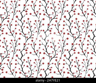 Motif sans couture avec petites baies rouges sur silhouettes noires de branches.Texture naturelle vectorielle avec baies de rowan sur tiges entrelacées sur une ba blanche Illustration de Vecteur