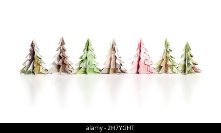 Arbres de Noël à base d'origami en papier.Arbres de Noël miniatures pliés de fausse monnaie canadienne.Arrière-plan de vacances artisanales ou short d'arbre de Noël Banque D'Images