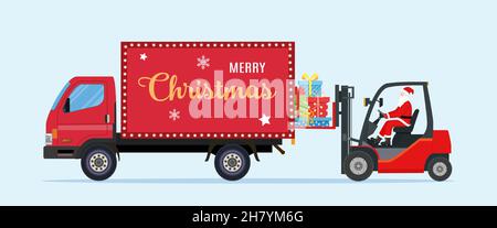 Le Père Noël en chariot élévateur rouge chargé Illustration de Vecteur