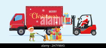 Le Père Noël en chariot élévateur rouge chargé Illustration de Vecteur