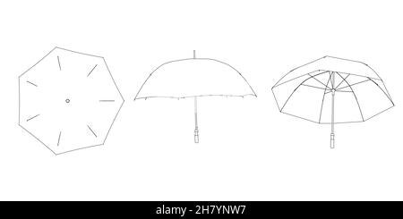 Ensemble avec contours de parapluie des lignes noires isolées sur fond blanc.Vue de dessus, de côté, de dessous.Illustration vectorielle Illustration de Vecteur