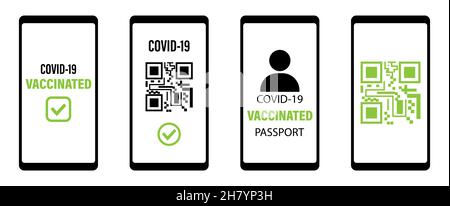 Ensemble de passeport de vaccination sur l'écran du smartphone.Certificat de vaccination numérique.Téléphone portable avec passeport de santé numérique immunitaire.Vacances et Illustration de Vecteur