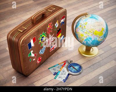 Valise vintage avec drapeaux des pays du monde, globe, boussole et billets d'avion.Illustration 3D. Banque D'Images