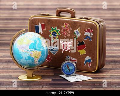 Valise vintage avec drapeaux des pays du monde, globe, boussole et billets d'avion.Illustration 3D. Banque D'Images