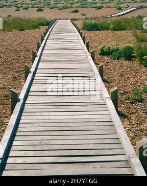 passerelle en bois traversant la plage de galets à dungeness sur la côte sud du kent Banque D'Images