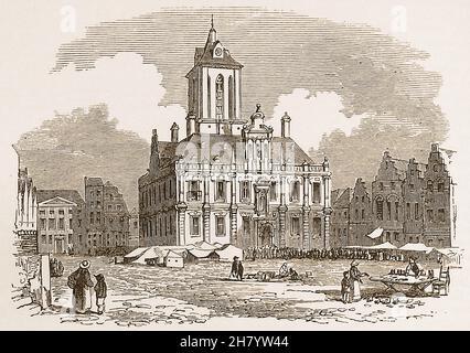 L'hôtel de ville ( Gemeente huis ou Stadhuis Delft) Delft, Hollande, pays-Bas, en 1896.----Il a été construit à l'origine vers 1200, mais a été presque complètement détruit par un incendie en 1618 et a été reconstruit.Seule la tour originale 'Het Steen' a survécu.La tour Renaissance construite au XIIIe siècle comprend une chambre de torture Banque D'Images