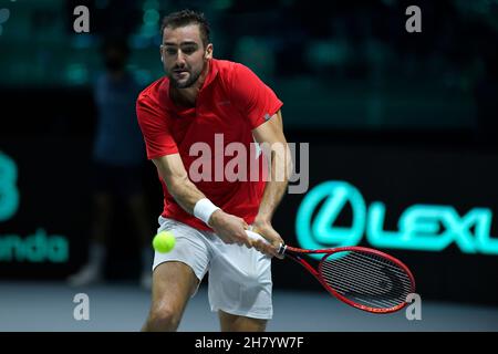 Turin, Italie.25 novembre 2021.Tennis - Davis Cup Groupe D qualification pour les quarts de finale.Croatie vs Australie.Pala Alpitour, Turin, Italie 25 novembre 2021.le Marin Cilic de Croatie en action lors de son match contre Alex Minaur de l'Australie (Credit image: © Tonello Abozzi/Pacific Press via ZUMA Press Wire) Banque D'Images