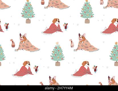 Motif de Noël sans couture avec chiens et arbres de Noël.Vecteur de style plat. Illustration de Vecteur