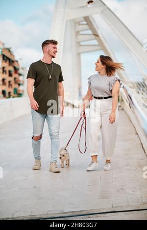 magnifique modèle aux courbes et beau homme qui fait une promenade avec son chien dans une scène urbaine Banque D'Images