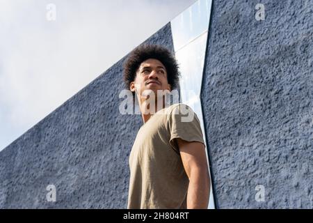 Bonne fille afro-américaine aux tresses sombres, assise sur les épaules d'un père joyeux et sautant tout en s'amusant ensemble dans la rue au soleil Banque D'Images
