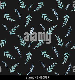 Motif aquarelle de Noël sans couture avec brindilles bleues fond noir.Illustration d'hiver isolée par aquarelle - stock nouvel an Banque D'Images