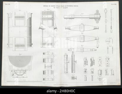 Détails du SCHÉMA TECHNIQUE 19C du moteur à vapeur marin de 145 ch.Caird, Greenock 1847 Banque D'Images