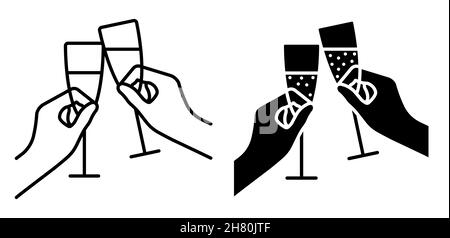 Icône linéaire.Verres avec champagne pétillant festif entre les mains.Santé avec des verres à la table du nouvel an.Simple vecteur noir et blanc isolé sur blanc Illustration de Vecteur