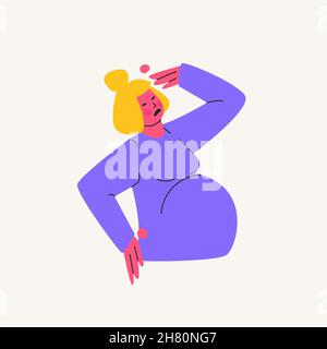 Femme enceinte qui la retient en raison de douleurs. Problèmes associés à la grossesse d'un bébé, douleurs dorsales, migraines. Illustration de dessin animé vectoriel de Illustration de Vecteur