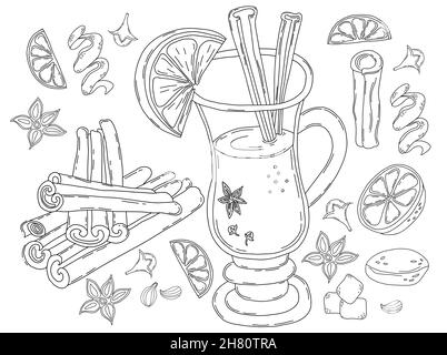 Collection de vin chaud de Noël.Illustration vectorielle, de style linéaire dessiné à la main.Verre avec vin et tranche d'orange, épices, bâton de cannelle, cardamome, Illustration de Vecteur