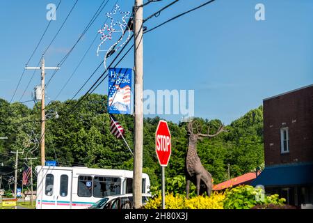 Banner Elk, USA - 23 juin 2021: Banner Elk City petit village de ville en Caroline du Nord avec drapeau américain maison de la bannière de signe patriotique brave avec Banque D'Images