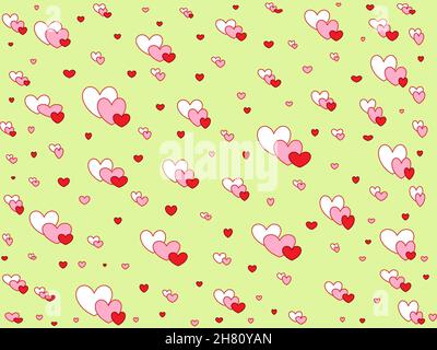 Coeurs blancs, roses et rouges de différentes tailles sur fond vert pastel.Motif Saint-Valentin.Papier d'emballage. Banque D'Images