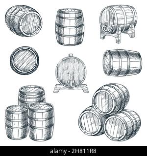 Ensemble de barillets en bois d'icônes millésime.Illustration d'esquisse vectorielle dessinée à la main.Récipient de stockage de vin, bière et whisky isolé sur fond blanc.Ancien winer Illustration de Vecteur