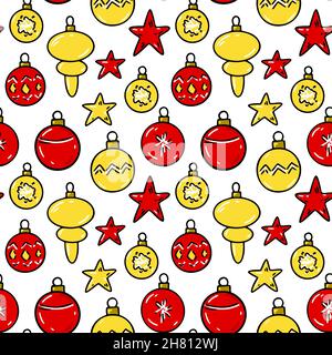 Motif coloré Merry Christmas et Happy New Year sans coutures avec jouets lumineux pour arbres de Noël.Illustration vectorielle dessinée à la main Illustration de Vecteur