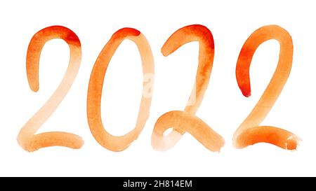 Nouvel an 2022 - Numéro d'aquarelle Orange dessiné à la main Banque D'Images