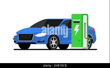 Station de voiture électrique chargeur vectoriel EV illustration batterie faible énergie.Station de charge de voiture électrique Illustration de Vecteur