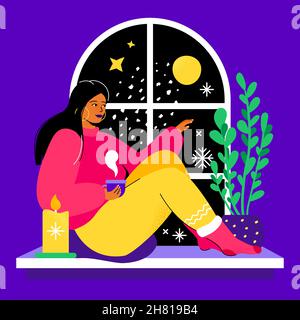 Nuit de Noël dans la fenêtre - illustration de style plat coloré avec un caractère tendance.Belle fille s'assoit sur le rebord de la fenêtre, boissons chaud cho Illustration de Vecteur