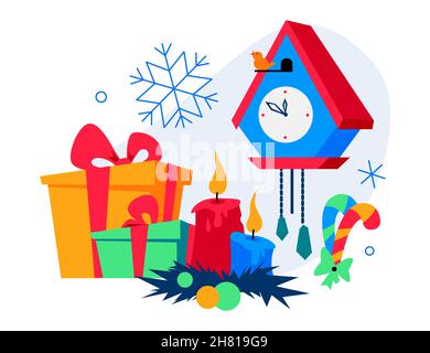 Joyeux Noël - dessin plat de style coloré illustration.Décorations traditionnelles du nouvel an.Boîtes-cadeaux, bougies, GUI, flocons de neige, canne à sucre et Illustration de Vecteur