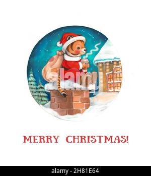 Le cub tigre du Père Noël repose sur le toit avec un sac de cadeaux. Banque D'Images