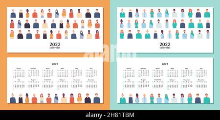Calendrier horizontal 2022.Médecins et infirmières.Société multiethnique et multiculturelle.Calendrier avec le personnel médical, les personnes dans les masques.Ensemble de vecteurs isolés Illustration de Vecteur