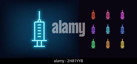 Contour de l'icône de la seringue au néon.Signe lumineux d'injection au néon, pictogramme de vaccination aux couleurs vives.Seringue avec vaccin, médicament injection de drogue, médical Illustration de Vecteur