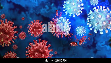 Mutation de la variante du virus et des variantes de mutation cellulaire comme concept de risque pour la santé et nouvelle éclosion de coronavirus ou mutations de cellules virales covid-19. Banque D'Images