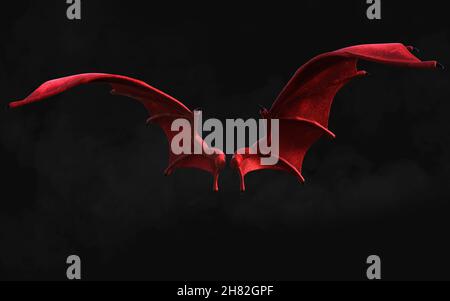 3D Illustration Red Dragon Wing, Red Devil Wings, Red Daemon Wing plumage isolé sur fond sombre avec chemin de coupure. Banque D'Images