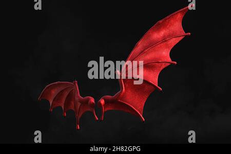 3D Illustration Red Dragon Wing, Red Devil Wings, Red Daemon Wing plumage isolé sur fond sombre avec chemin de coupure. Banque D'Images