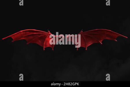 3D Illustration Red Dragon Wing, Red Devil Wings, Red Daemon Wing plumage isolé sur fond sombre avec chemin de coupure. Banque D'Images