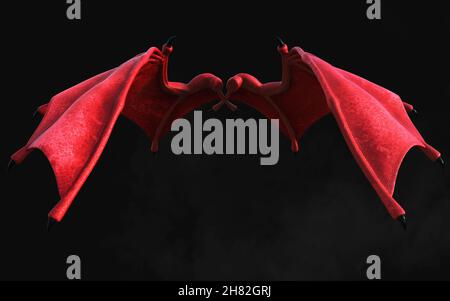 3D Illustration Red Dragon Wing, Red Devil Wings, Red Daemon Wing plumage isolé sur fond sombre avec chemin de coupure. Banque D'Images