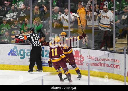 Dakota du Nord, États-Unis.26 novembre 2021.Le 26 novembre 2021 le joueur de Minnesota Gophers, Jack Perbix (25), célèbre après avoir marquant un but lors d'un match de hockey masculin de la NCAA entre les Gophers du Minnesota et les Fighting Hawks de l'Université du Dakota du Nord à l'arène Ralph Engelstad de Grand Forks, dans le Dakota du Nord.Par Russell Hons/CSM Credit: CAL Sport Media/Alay Live News Banque D'Images